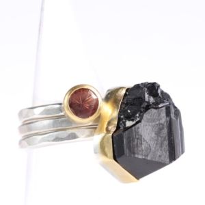 Raw Black Tourmaline Crystal & Oregon Sunstone Stacking Rings